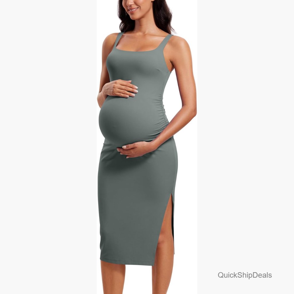Butterluxe Maternity Square Neck Midi Dress Split Ruched Bodycon